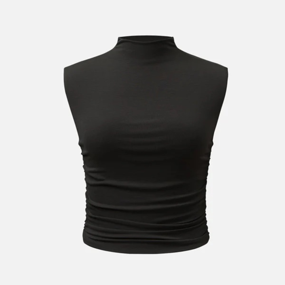 OGL Black Mock Neck Ruched Tank Top